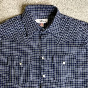 Sleeve Reaper Shirt Men Medium Tall Blue Plaid Pearl Snap Japanese USA *See Pics